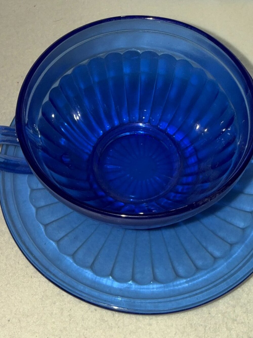 Hazel-Atlas Aurora Cobalt Blue Depression Glass Teacup and Saucer Set